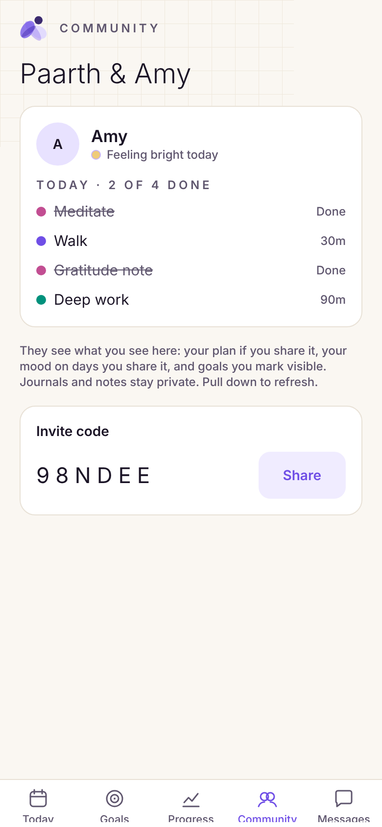 The Community screen: a circle-mate's mood and progress today.